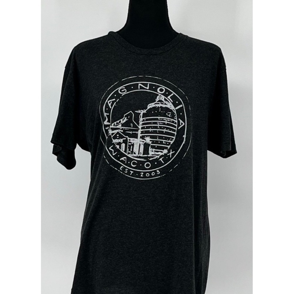 MAGNOLIA Silos Graphic T-Shirt Women Large Charcoal Heather Waco TX Est 2003 Tee